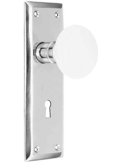 Classic New York Style Mortise Lock Set in Polished Chrome with White Porcelain Door Knobs.